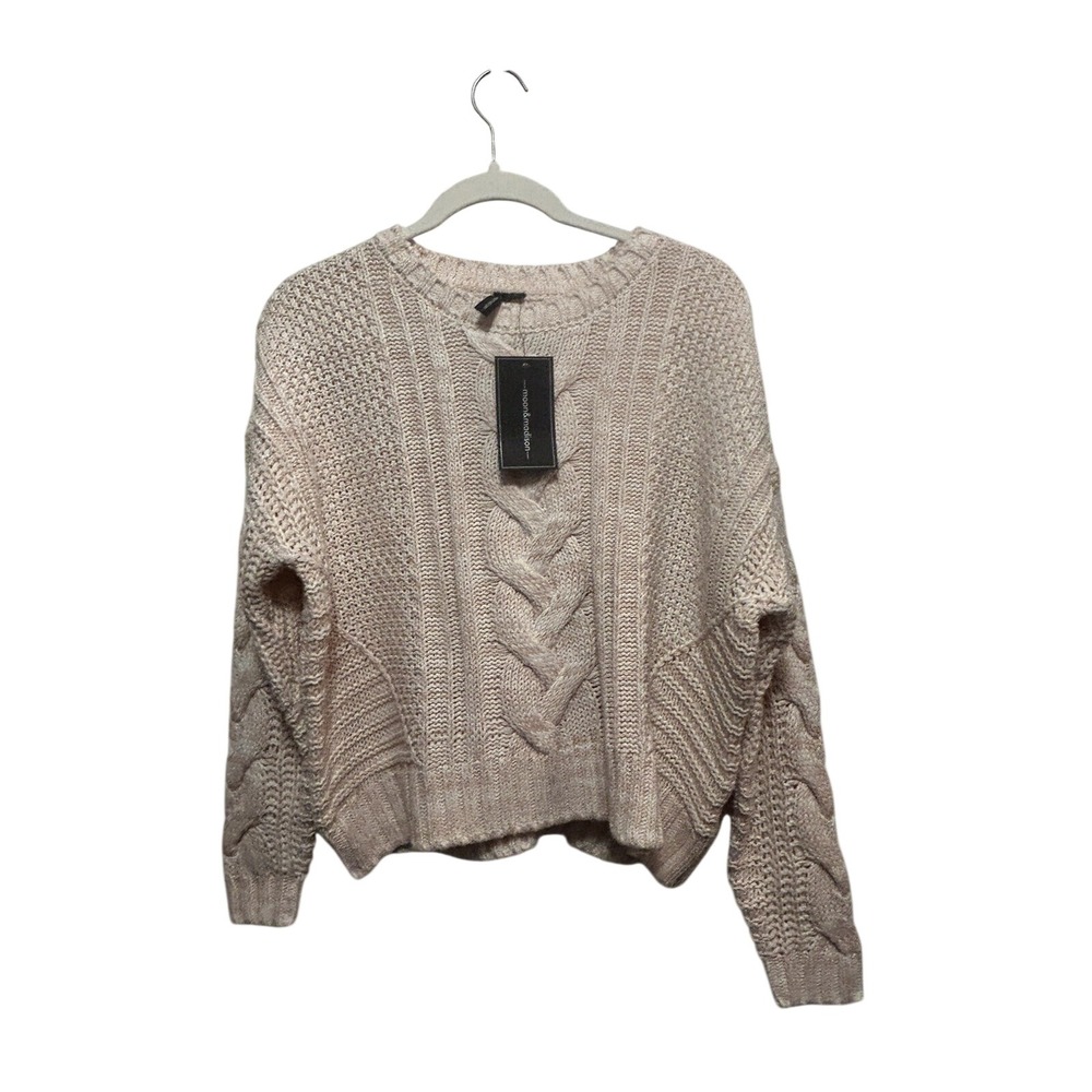 Moon & Madison Womens L Pink Cream Cable Knit Cropped Sweater NWT Boxy‎ Fit